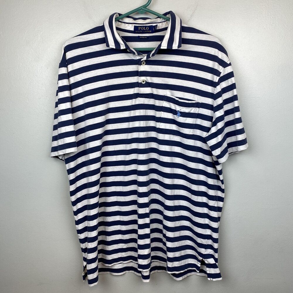 Polo Ralph Lauren Shirt Mens Large Blue White Striped‎ Classic Fit Pocket Pony